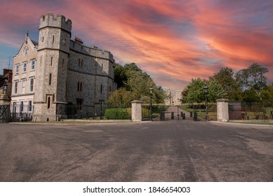 Windsor, Berkshire, England, UK. 2020.  Sunset sky over Windsor Castle looking towards the George VI Gateway and visitors apartments from the Long Walk.