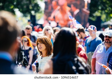 WINDSOR, BERKSHIRE, UNITED KINGDOM - MAY 19, 2018: Kay Burley Sky news coverage during royal wedding marriage celebration of Prince Harry, Duke of Sussex and the Duchess of Sussex Meghan Markle