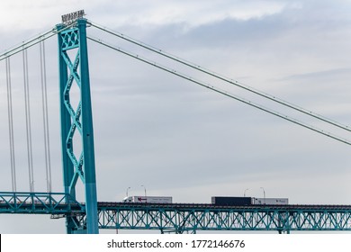 Windsor, Canada - May 21, 2020: Transport Trucks Cross The US-Canada Border, Via The Ambassador Bridge.