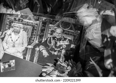 WINDSOR, ENGLAND- 11 September 2022: Photograph Of The Queen And Prince Philip Outside Windsor Castle Following Queen Elizabeth's Death