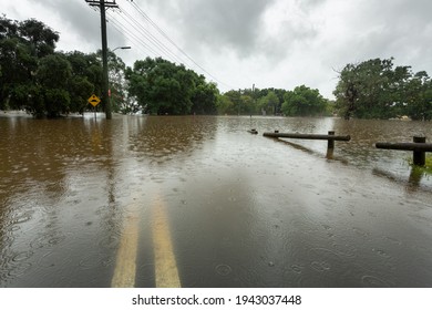 Windsor, NSW, Australia - March 22, 2021;  One of the many flooded roads and areas  in Windsor NSW Australia.  Days of rain meant flooding not seen in decades.