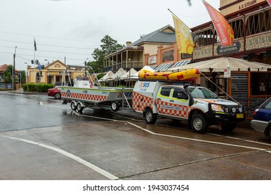 Windsor, NSW, Australia - March 22, 2021;  SES Vehicles On George Street, Windsor Ready For Emergency Rescue  Or Evacuations During March 2021 Floods