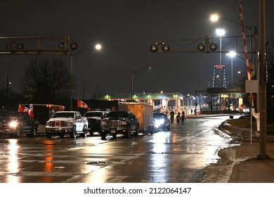 Windsor, ON - 2.11.2022: Traffic By Night At The Trucker Blockage Protest Near The Ambassador Bridge. Demonstration At The Windsor - Detroit Border To Protest Vaccine Mandate For Commercial Drivers