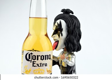 Windsor, ON - April 2020: Gene Simmons Bobble Head Figurine Licking A Corona Beer Bottle. Funny Kiss Member Demon.