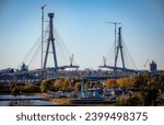 Windsor, Ontario Canada - October 22, 2023: Gordie Howe bridge under construction showing both support towers final height.