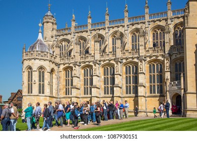  Windsor, UK - May 5, 2018:  View At The Medieval Windsor St. George's Chapel The Host Of Prince William And Meghan Markle Wedding Ceremony. England UK