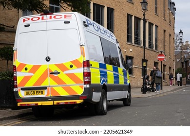 WINDSOR, UK - SEPTEMBER 15 2022: Police Van Parked In A Street In The Center Of Windsor, UK. View Of The Back Of The Van