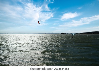 Windsurfers And Parasailers On San Joaquin River Delta