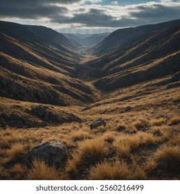 Windswept Hollow Valley is a serene, expansive landscape with rolling hills, wild grasses, and a gentle breeze, offering a peaceful retreat surrounded by nature's beauty. - Powered by Shutterstock