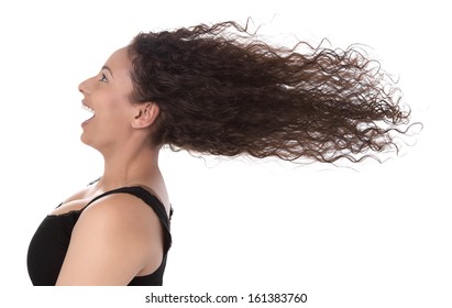 Windy: profile of laughing woman with blowing hair in wind isolated on white background - summertime - happy day