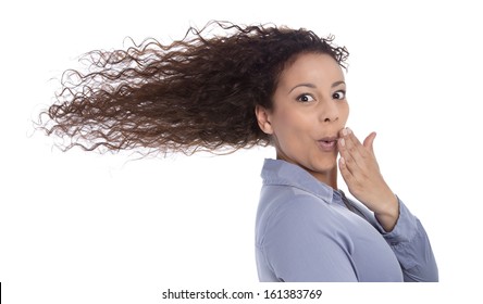 Windy : surprised woman with blowing hair in wind isolated on white background - funny eye catcher