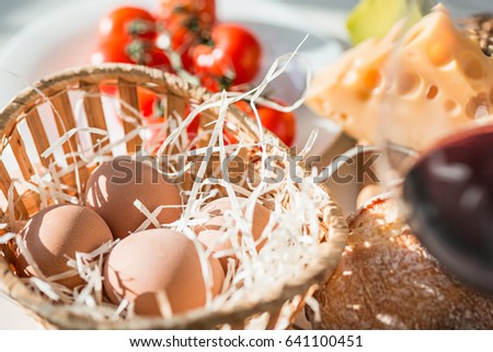 Similar – Image, Stock Photo Baked eggs in baguette bread. Breakfast with eggs and loaf