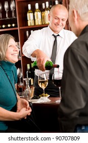 Wine Bar Happy Senior People Having Drink Smiling Barman