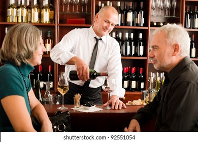 Wine Bar Senior Couple Enjoy Drink Professional Barman Pour Glass