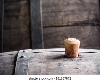 Wine Barrel With Wooden Bung In The Wine Region, Georgia, Caucasus.