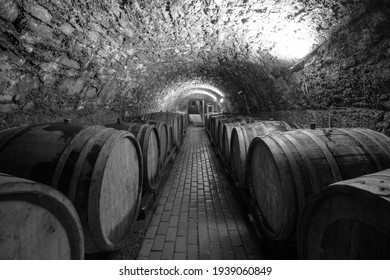 Wine barrels in a wine cellar. Small production. Underground tunnel. Storage of finished products. deep sharpness on a wide angle lens. Black and white