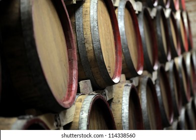 Wine barrels in an underground cellar