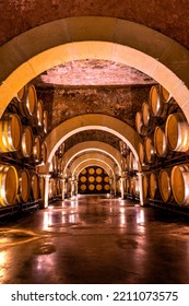Wine barrels. Winery in Spain that keeps French oak barrels to ferment the wine.