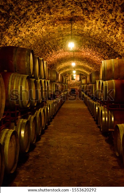 Wine barrels in wine-vaults in order. Wine bottle\
and barrels in winery\
cellar
