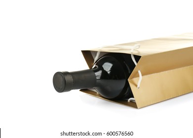 Wine Bottle In Gift Paper Bag On White Background