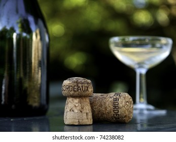 Wine Bottle, Glass And Cork In Bordeaux France