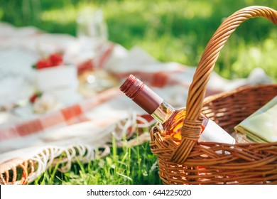 Wine Bottle In Picnic Basket - Close Up Image