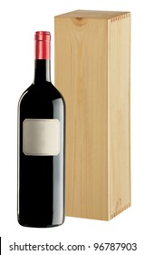 Wine Bottle With Wood Gift Box On White Background