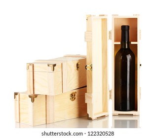 Wine Bottle In Wooden Box, Isolated On White