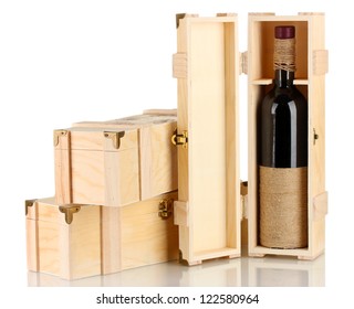 Wine Bottle In Wooden Box, Isolated On White