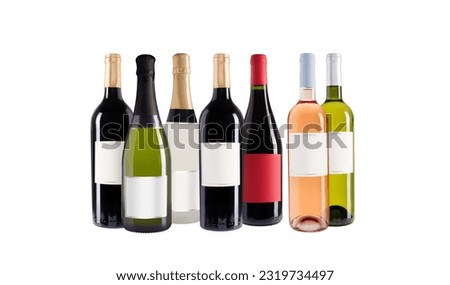 Wine bottles and champagne collection, isolated on white background. Rose, white, red wine. Wine collection. Origin France. With and without label. Photo studio.