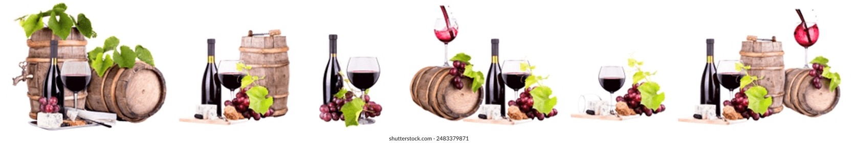 Wine bottles and glasses, complemented by an assortment of grapes and cheese isolated on white background. A rustic wooden barrel perfect for wine and food themes - Powered by Shutterstock