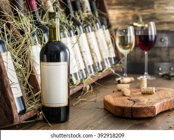 Wine Bottles On The Wooden Shelf.