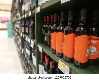 Wine Bottles For Sale In A Supermarket Aisle In Milan,Italy-November 2018