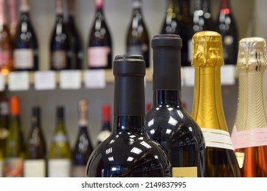 Wine Bottles In The Shop, Cafe, Restaurant. Wines For All Tastes And Celebrations.