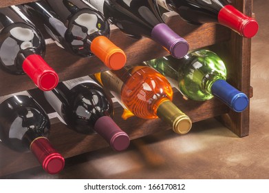  wine bottles stacked on wooden rack