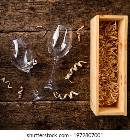 Wine Box Packaging Long Wooden Box, Empty Wooden Wine Crate With Shavings And A Wine Glass