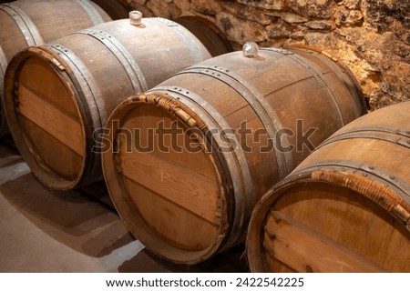 Wine cellar with oak wooden barrels in old wine domain on Sauternes vineyards in Barsac village with grapes affected by Botrytis cinerea noble rot, making of sweet dessert Sauternes wines in Bordeaux [[stock_photo]] © 