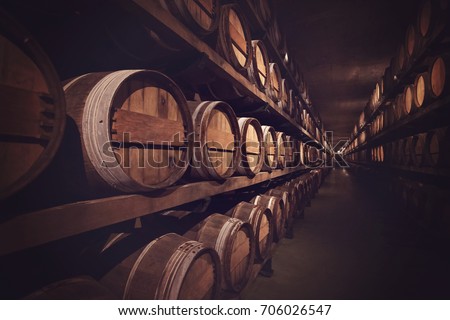 Wine cellar with a row of barrels, Austria