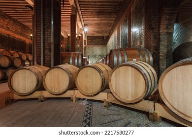 Wine Cellar, Underground Cool Dry Stone Walls Storage Room, With Authentic Old Oak Barrels And Casks For Wine Aging