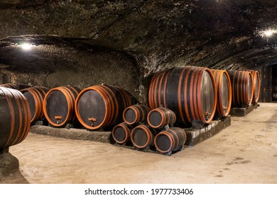 wine cellars with barrels, traditional wine called Bikaver near Eger, Hungary
