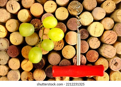 Wine And Champagne Corks, Corkscrew And Grapes. Wine And Autumn Concept, Free Copy Space.