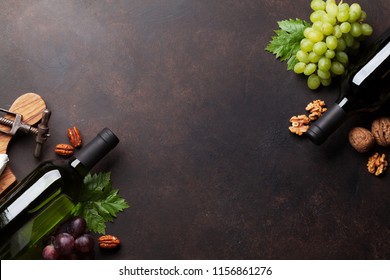 Wine, Cheese, Grape And Nuts. Top View With Space For Your Text