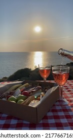 Wine, Cheese Plate With Wine At Sunset