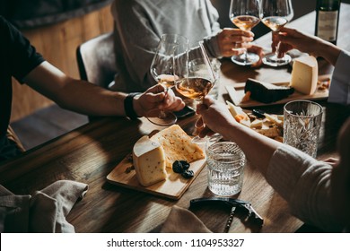 Wine And Cheese Served For A Friendly Party In A Bar Or A Restaurant.