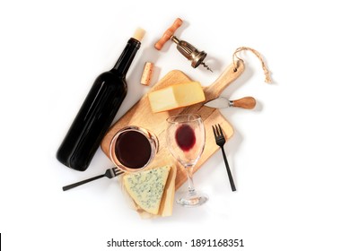 Wine And Cheese Tasting, Overhead Flat Lay Shot On A White Background, With A Vintage Corkscrew, A Wine Bottle, And Two Glasses