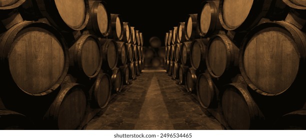 Wine or cognac barrels in the cellar of the winery, Wooden wine barrels in perspective. wine vaults. vintage oak barrels of craft beer or brandy