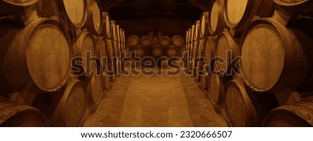 Wine or cognac barrels in the cellar of the winery, Wooden wine barrels in perspective. wine vaults. vintage oak barrels of craft beer or brandy                            
