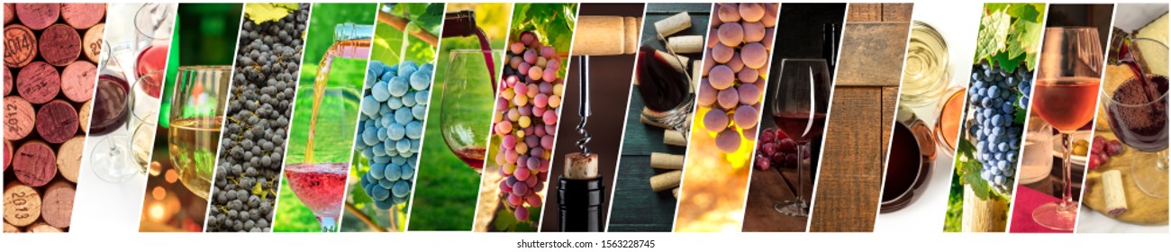 Wine Collage. A Panorama Of Many Photos Of Wine Glasses, Grapes At Vineyards, Corks, Tastings, Barrels, A Design For A Banner Or Flyer