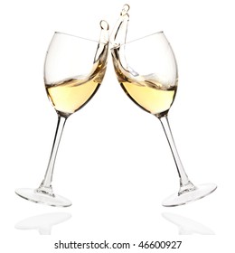 Wine Collection - Cheers! Clink Glasses With White Wine. Isolated On White Background