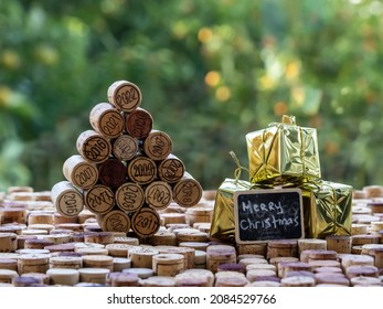 Wine Cork Christmas Tree With Marked Years And Small Gift Boxes